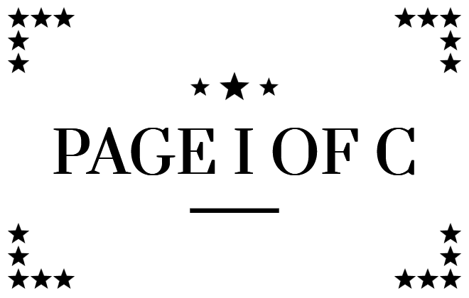 In this example, we create a stamp used to number pages in an old book. The stamp has a historic style with Roman numerals, a borderless layout, and short decorative corner marks made of stars. The primary imprint "PAGE I OF C" shows the page number, where the Roman letter "I" stands for page 1 and "C" stands for page 100. We load a custom font called "Prata" and generate 100 such stamps in total to individually number each page in the book.
